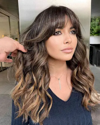 Long-Length Dark to Light Brown Balayage Ombre Waves with Middle Part Bangs