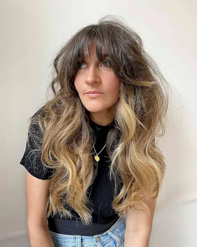 Long Brown-Blonde Balayage Ombre Hair with Bangs and Wavy Tousled Layers