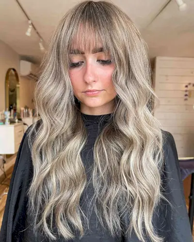 Long Mushroom Blonde Balayage Waves with See-Through Bangs