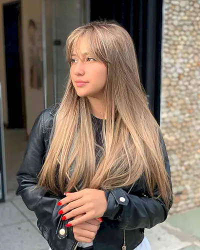 Gold Honey Blonde Balayage Tones on Long-Length Straight Hair with Light Fringe