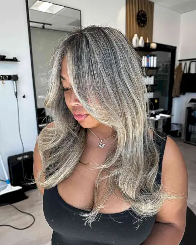 Icy Grey-Blonde Blended Teasylights with Dark Base for Mid-Long Hair
