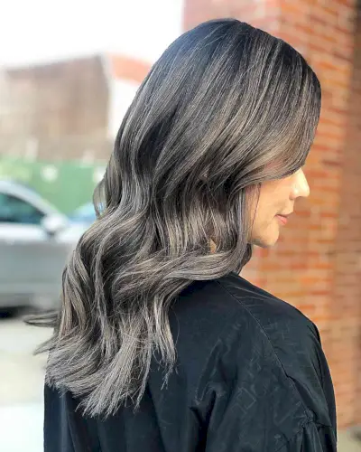 Jet Black Medium Hair with Warm Ash Grey Blending