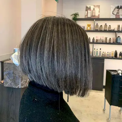 Short Dark Chocolate Bob with Blended Subtle Grey Highlights