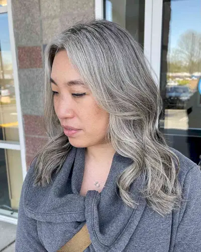 Blended Silver-Grey Balayage on Medium Hair for Older Women