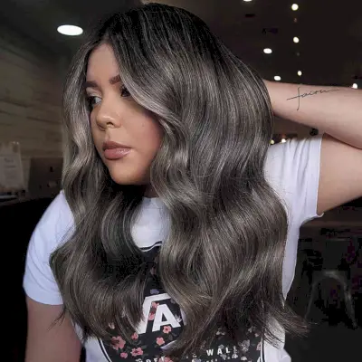 Dark Grey Blended Babylights with Chest-Length Soft Waves