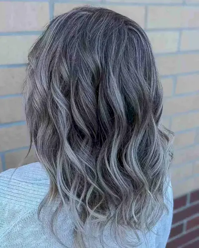 Grey Blended Silver Platinum Highlights on Medium-Length Dark Hair