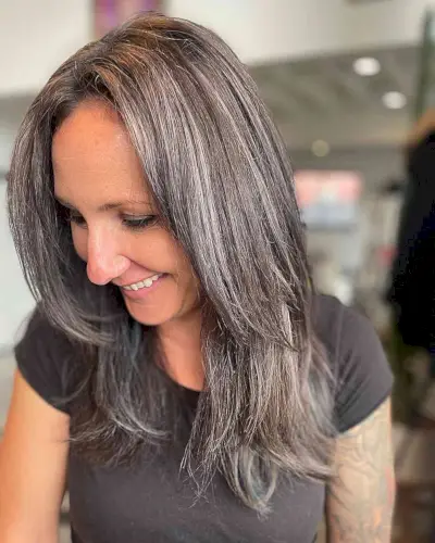 Blended Grayish Silver on Chest-Length Layered Dark Hair