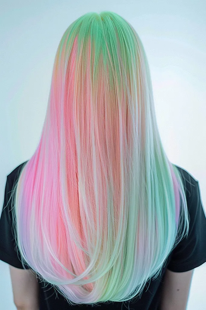 Pastellrosa und grünes Haar mit Platin-Highlights' title=