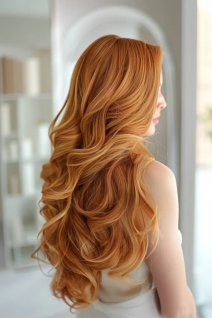 Goldenes Kupferhaar mit voluminösen Wellen' title=