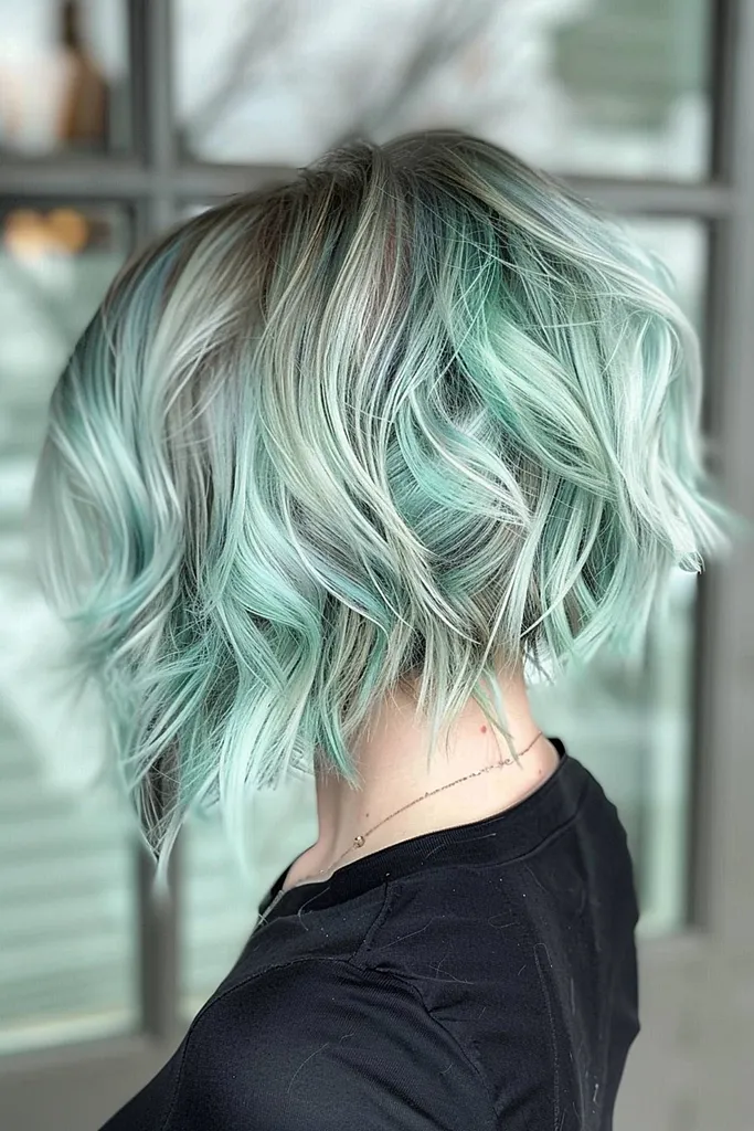 Mintgrünes Haar mit silbernen Strähnen' title=