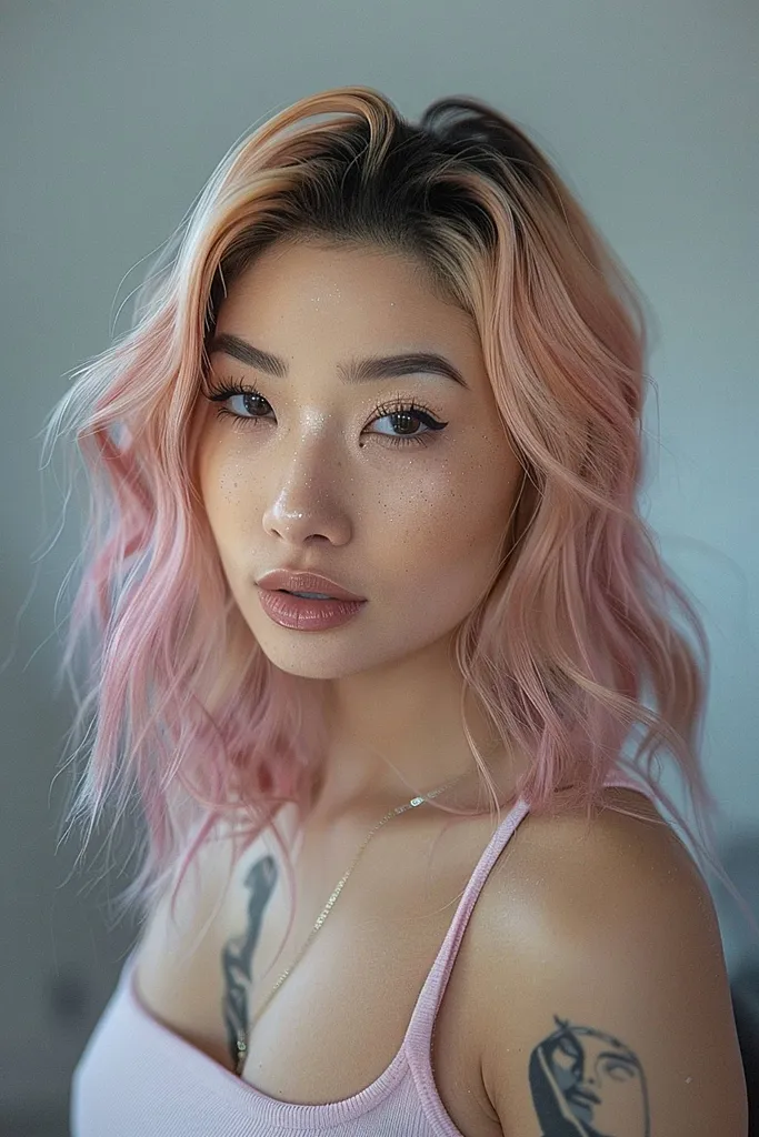 Staubiges rosa Haar mit Champagnertönen' title=