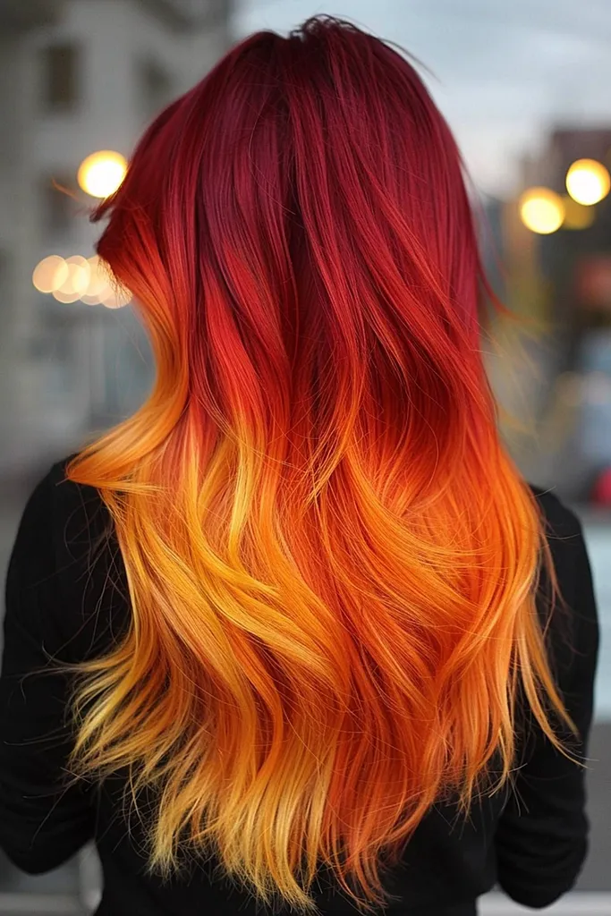 Rote bis goldgelbe Ombré-Haarfarbe' title=