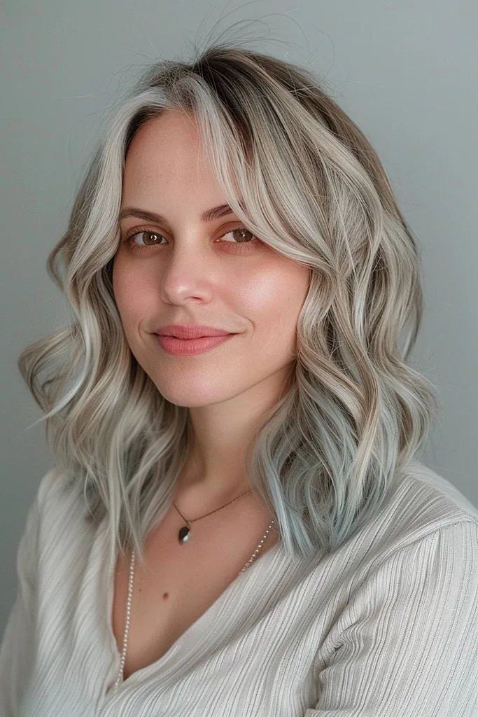 Silberblondes Haar mit pastellblauen Untertönen' title=