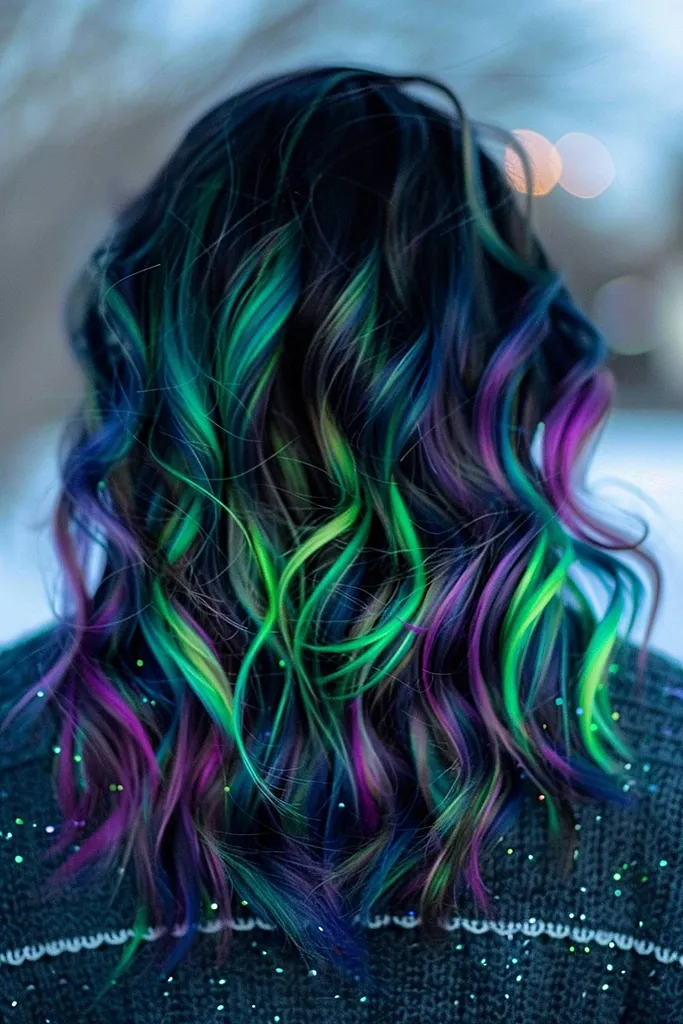 Von Aurora inspirierte grün-violette und blaue Highlights auf welligem Haar' title=