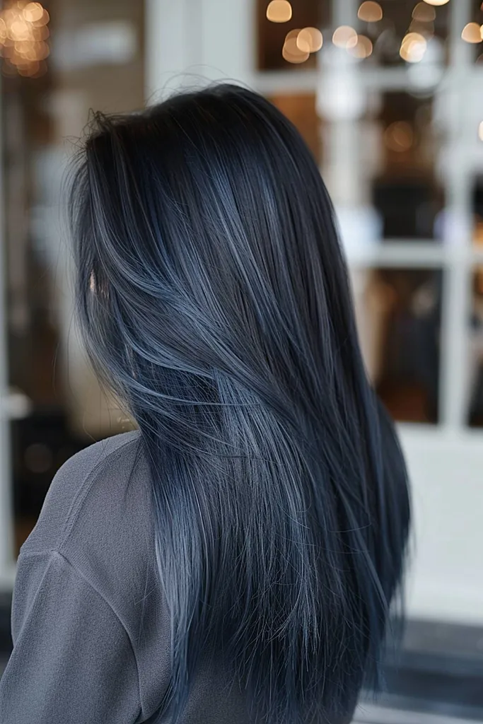 Rauchige stahlblaue Haarfarbe auf glattem Haar' title=
