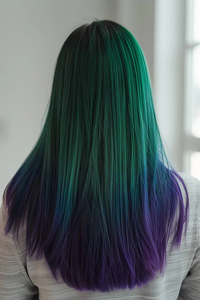 Smaragdgrünes bis königsviolettes Ombré-Haar' title=