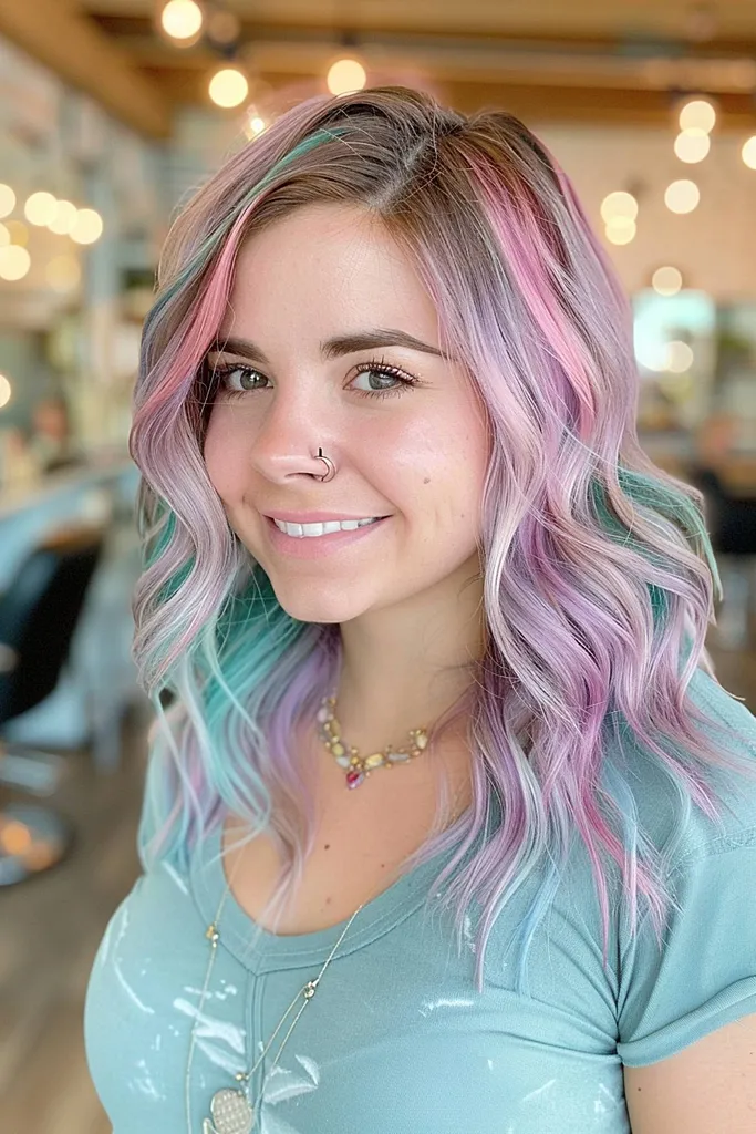 Pastelllavendelblaugrün und rosa gewelltes Haar' title=