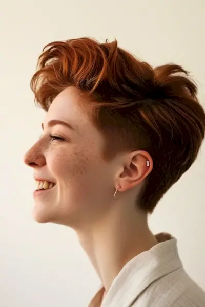 Culoarea părului roșu auburn și pixie scurt cu coafură sub decupat, vedere laterală asupra unei femei zâmbitoare.
