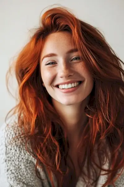 Valuri de cupru vii cu volum pe o femeie drăguță zâmbitoare.