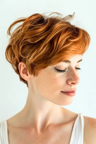 Părul de pixie roșu aramiu tuns pe o femeie cu ochii închiși.