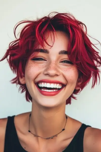 Coafura scurtă dezordonată roșu roz intens pe o femeie care râde.