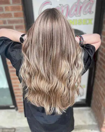 Warm-Toned Beige Blonde Balayage Highlights for Long U-Cut