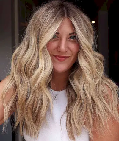 Warm Rooted Buttery Blonde Balayage with Choppy Haircut
