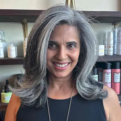 Flattering Salt and Pepper Style for older women with natural hair color