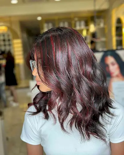 Hot Dark Red Tone on Medium-Length Black Hair