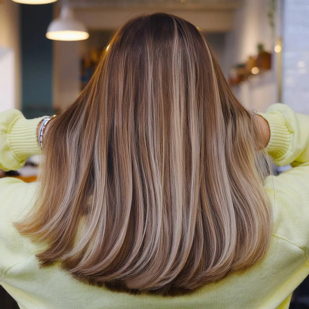 자연스러운 봄의 따뜻함을 선사하는 부드러운 블론드 하이라이트가 있는 중간 길이의 브론즈 브라운 헤어' title=