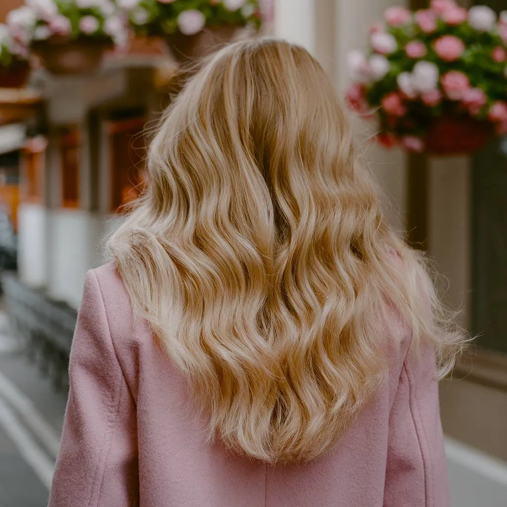 부드러운 웨이브 허니 블론드 헤어에 자연스러운 하이라이트가 봄 햇살에 빛나는 효과를 연출합니다.' title=