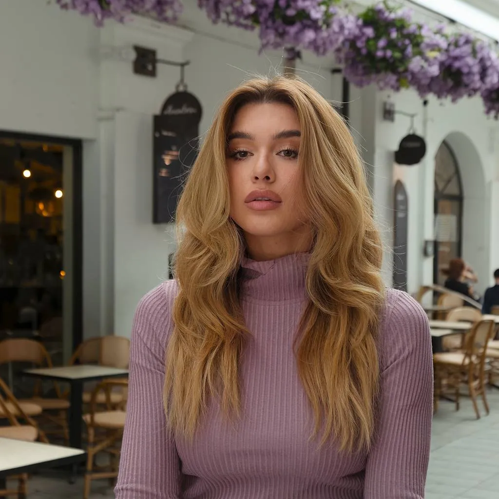 긴 황금색 허니 블론드 헤어에 부드러운 웨이브를 더해 입체감과 움직임이 돋보이는 햇살 가득한 봄날의 룩을 연출합니다.' title=