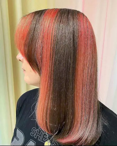 Vivid Peach Skunk Striped Color on Collarbone-Length Brunette Hair with Fringe