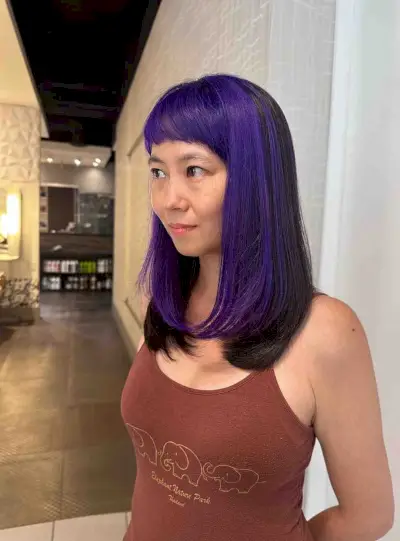 Purple and Black Skunk Stripes with Fringe on Mid-Length Hair