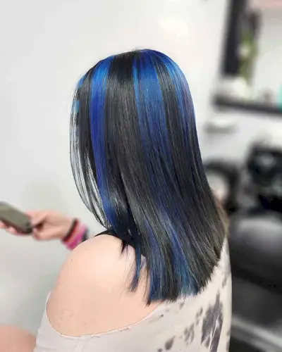 Chunky Blue Skunk Stripes on Mid-Length Black Straight Hair