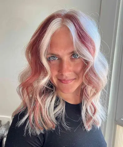Red Skunk Stripe on Mid-Length White Blonde Hair
