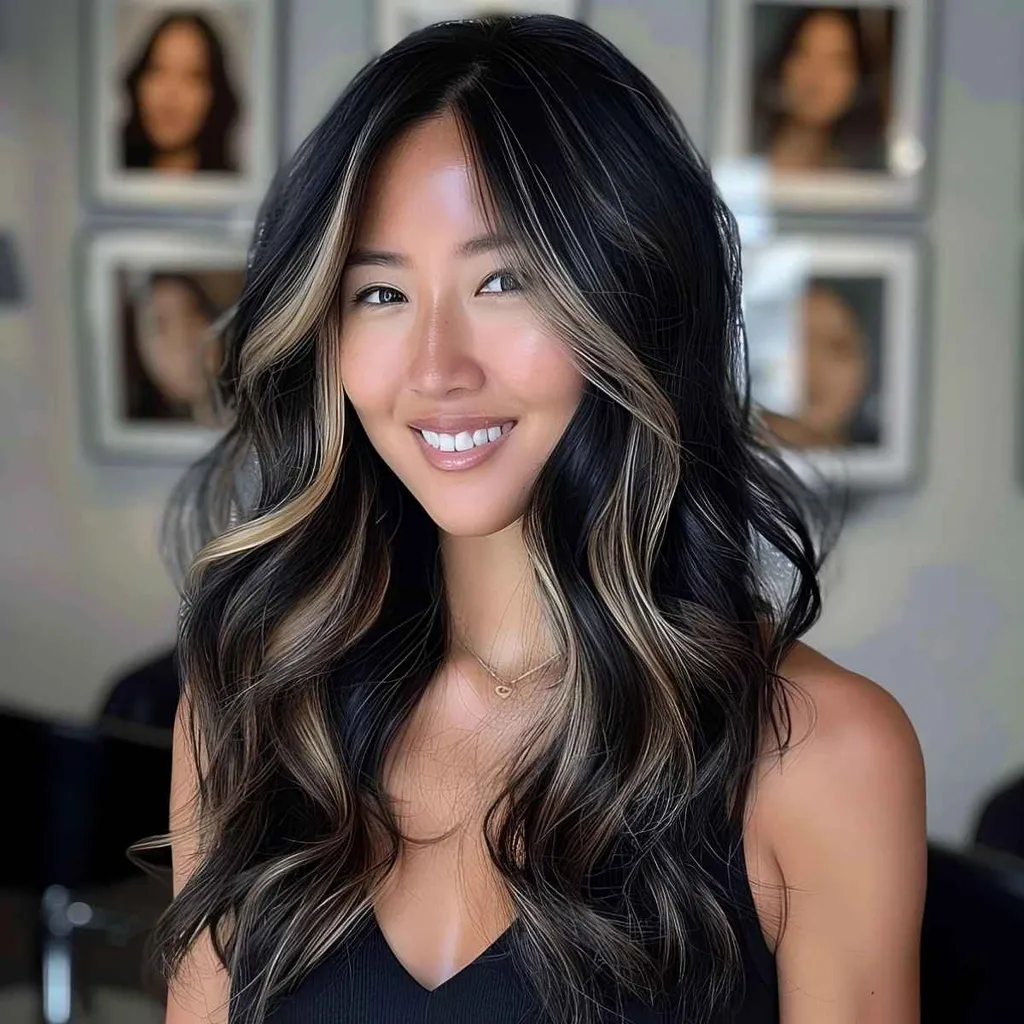 긴 검은 머리와 금발 머니피스' title=