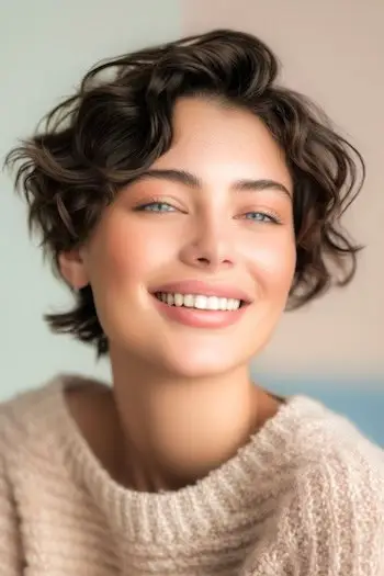 ウェーブのかかったビクシー ショートのヘアスタイル。