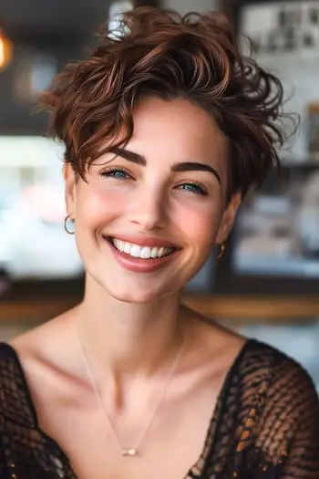 ボリュームのあるウェーブのかかったピクシーショートのヘアスタイル。