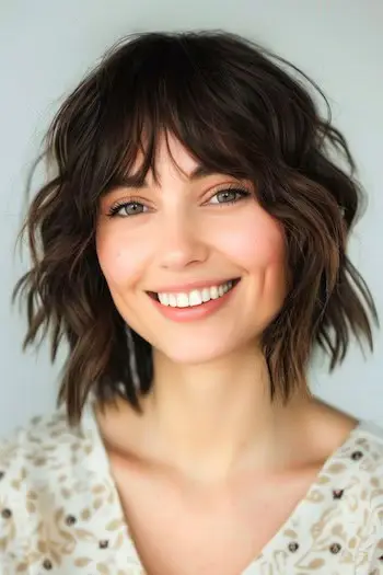 テクスチャード加工の鈍い波と前髪の短いヘアスタイル。