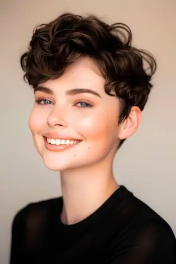 テクスチャーのある波状のピクシーショートのヘアスタイル。