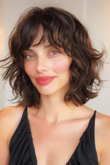 前髪のあるシャギーウェーブのショートヘアスタイル。