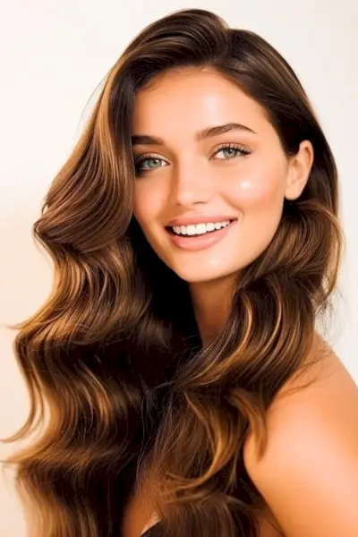 レトロなハリウッドは、長い茶色の髪のきれいな女性のヘアスタイルを波します。