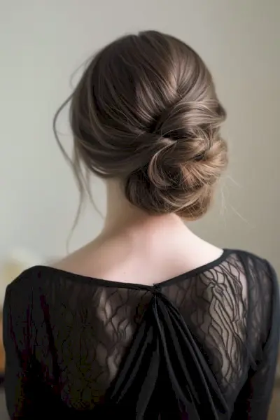 低いツイストシニヨンパン、長い茶色の髪の女性、後ろから。