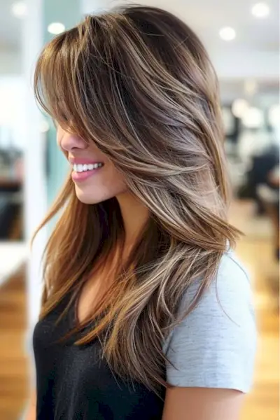 笑顔の女性のサイドに流した前髪のあるロングレイヤー、横から。