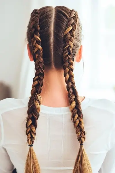 茶色のロングヘアにダブルダッチ三つ編みを後ろから。