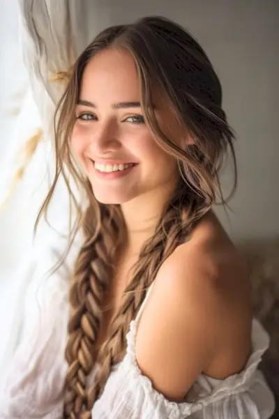 二重三つ編みの長い茶色の髪をした笑顔の女性。