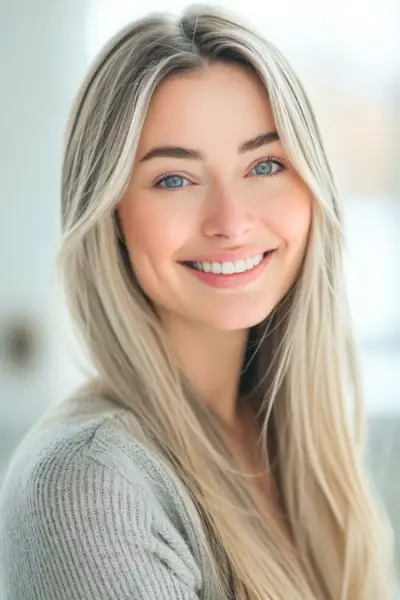 美しい笑顔の女性に、顔を縁取る滑らかな長いブロンドのヘアスタイル。