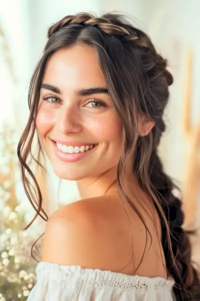 自由奔放に生きる冠の三つ編みに長い茶色の髪を持つ美しい笑顔の女性。