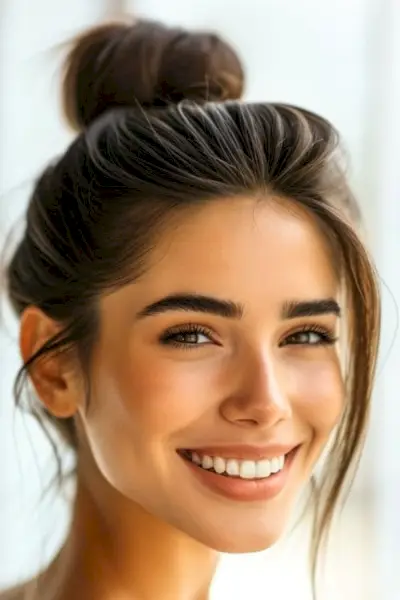 乱雑なちょんまげの長い茶色の髪を持つ、かなり笑顔の女性。